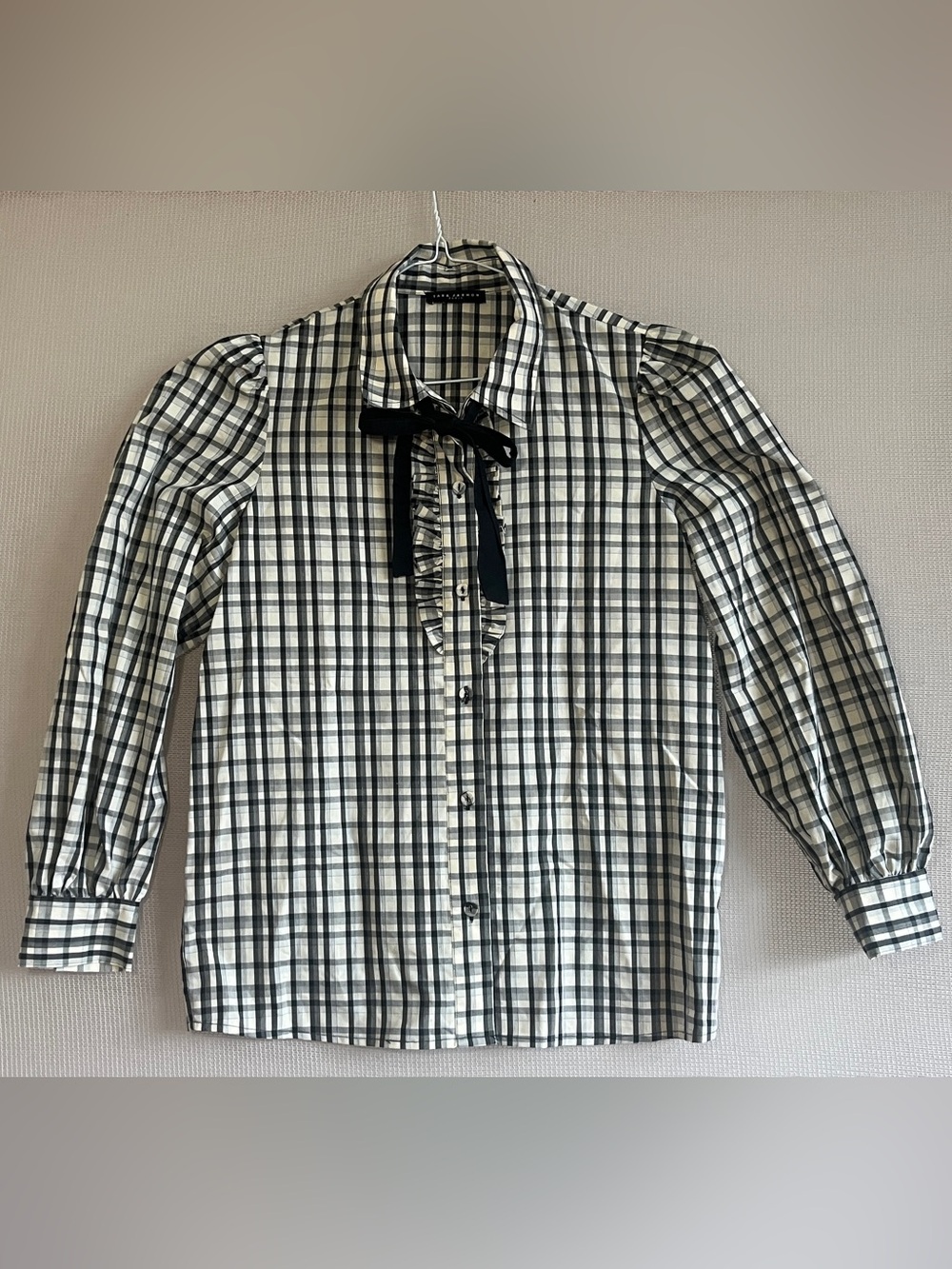 Tara Jarmon Jacquard Checkered Bow Blouse Puff Sleeve 38